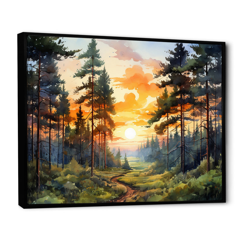 «Pine Tree Sunset Glow I», art encadré pin, H 16 po x l 32 po x P 1 po, Cadre flottant noir