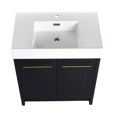 Lavabo de meuble-lavabo autoportant en résine de 30 pouces, porte à fermeture douce, style chic et élégant moderne, châtaignier noir, facette de rangement considérable, armoire en contreplaqué de qualité régulière