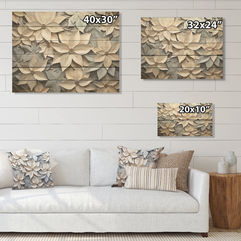 Beige And Blue Whimsical Paper Poinsettias Flowers I - Poinsettias Wood Art On Natural Pine Wood, 30" H x 40" W