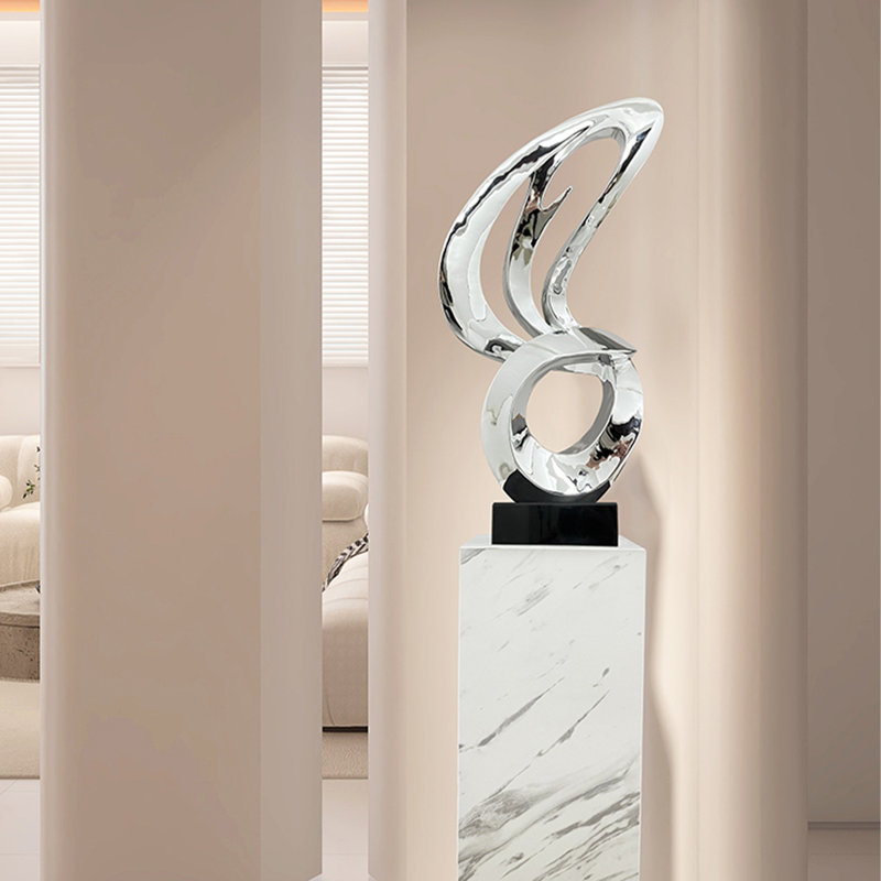 Modern Minimalist Abstract Resin Electroplated Sculpture Decoration With Marble Base, Silver/Black
