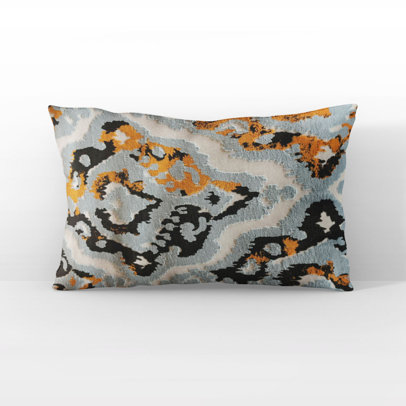 Coussin Plutus Tribal Harmony, Bleu / orange / ikat gris anthracite, Carré, H 20 po x l 20 po