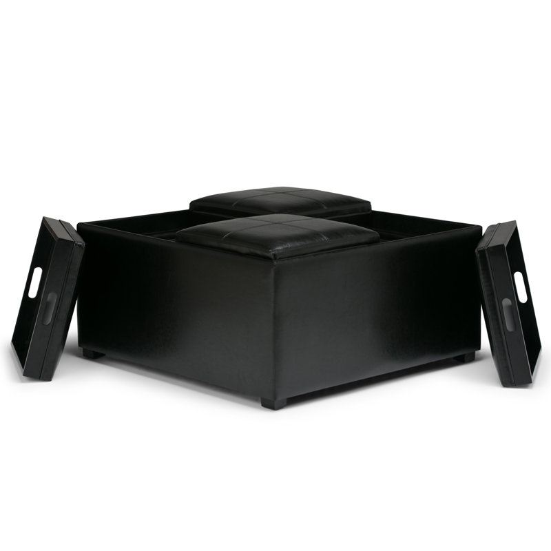 Repose-pieds de rangement pour table basse moderne en cuir végétalien l 35 po Avalon avec 4 plateaux rabattables Avalon, Noir