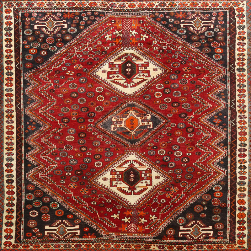Tapis traditionnel rouge / beige / noir, Carré 4 pi