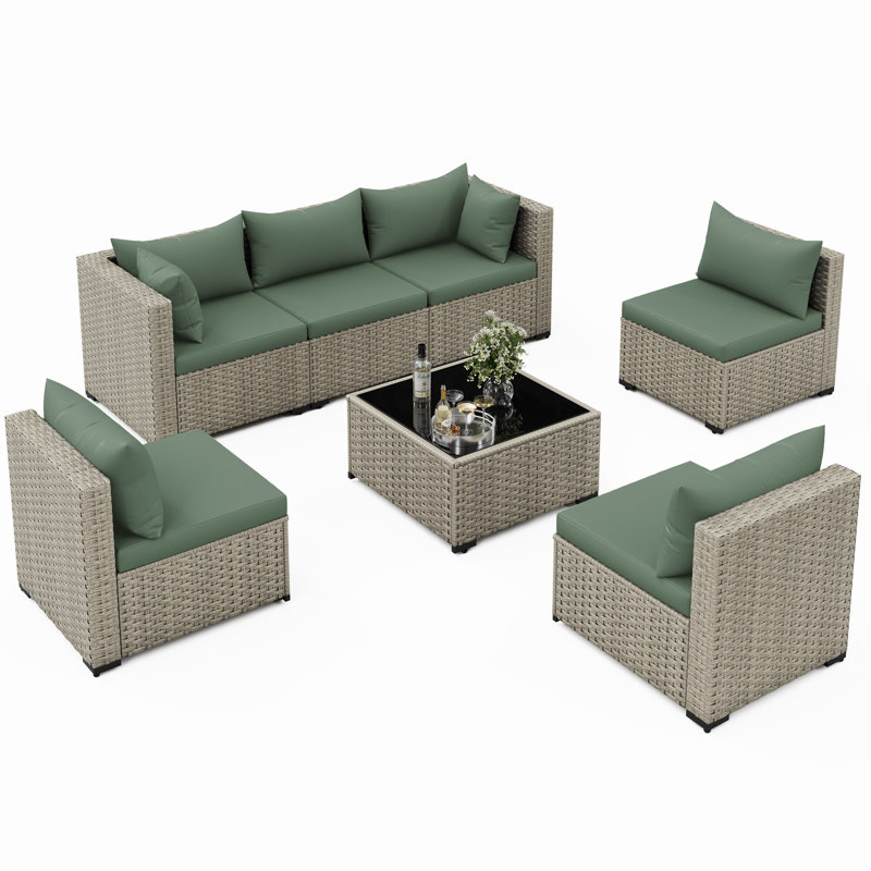 7 Piece Patio Conversation Set with Coffee Table and Cushions, Green