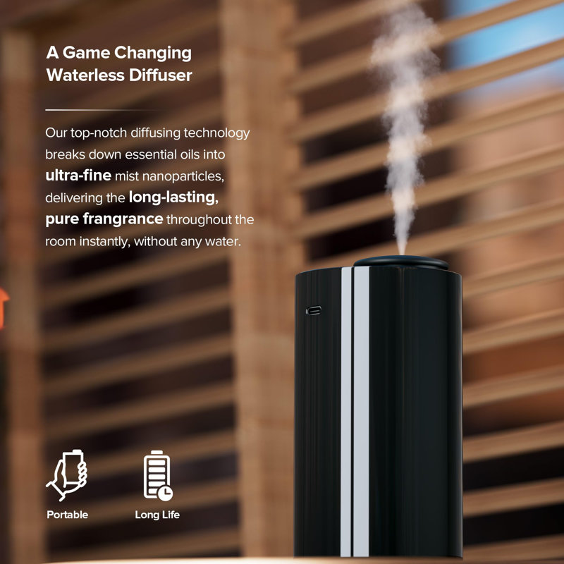 Waterless Essential Oil Nebulizing Diffuser, Battery Operated, 600 sq.ft., 3 Mist Levels, 1-3h Timer, Black