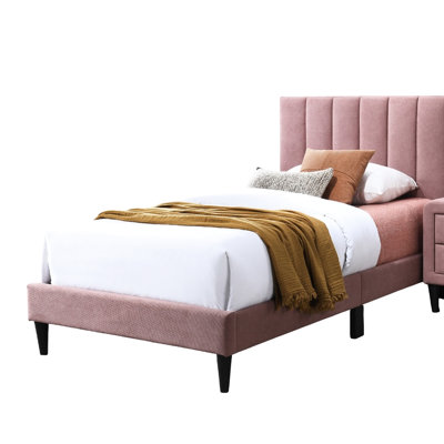 Twin Bed Pink Modern Style Adjustable Channel Headboard, Middle Support Legs, Linen Fabric, 12 - Slat Support, No Box Spring, 42.5" Wide With Material, System,