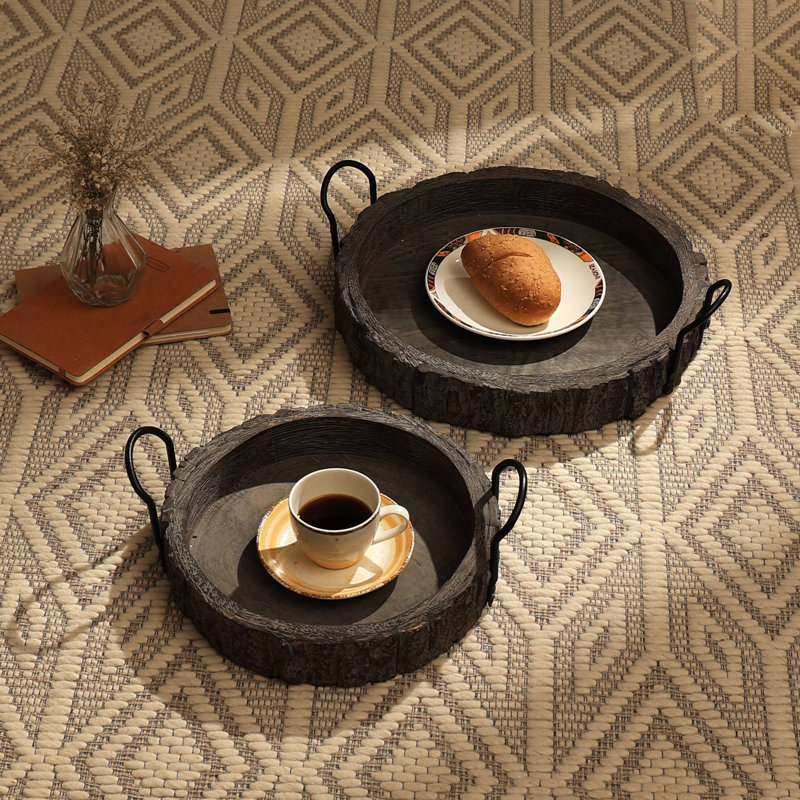 Wood Tray | Round Mango Wood Black Serving Tray | 15x15x4.5", 15" W x 15" D x 4.5" H