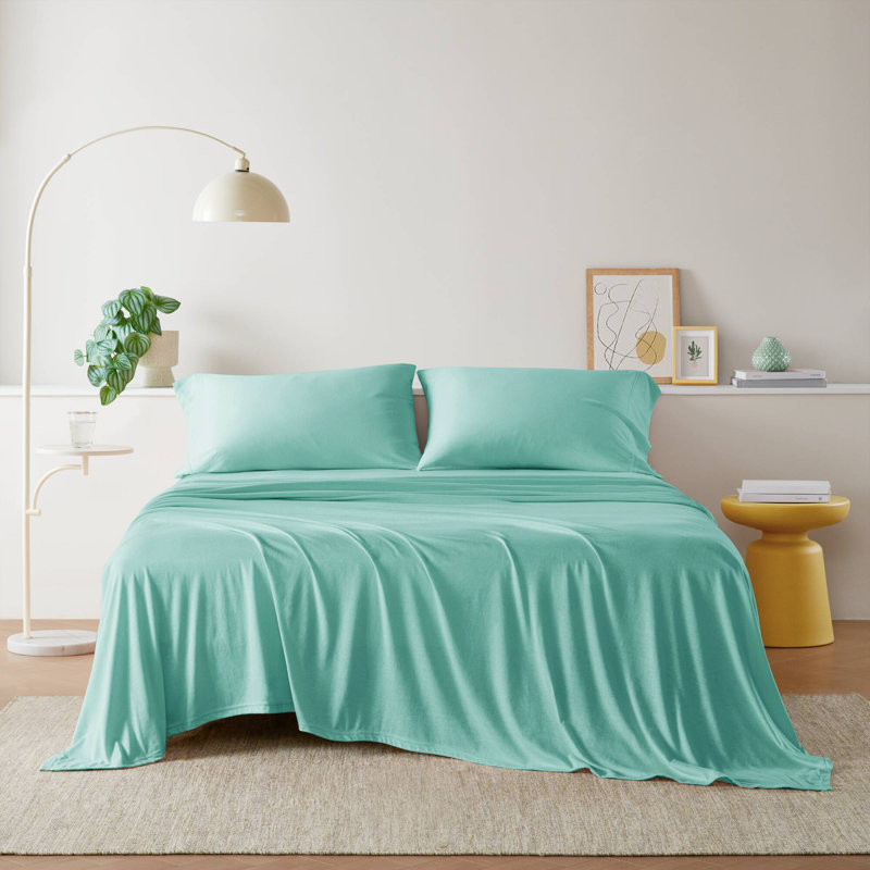  Ensemble de draps en tricot de coton toutes saisons, Ensemble de draps pour grand lit avec 2 taies d'or, Turquoise