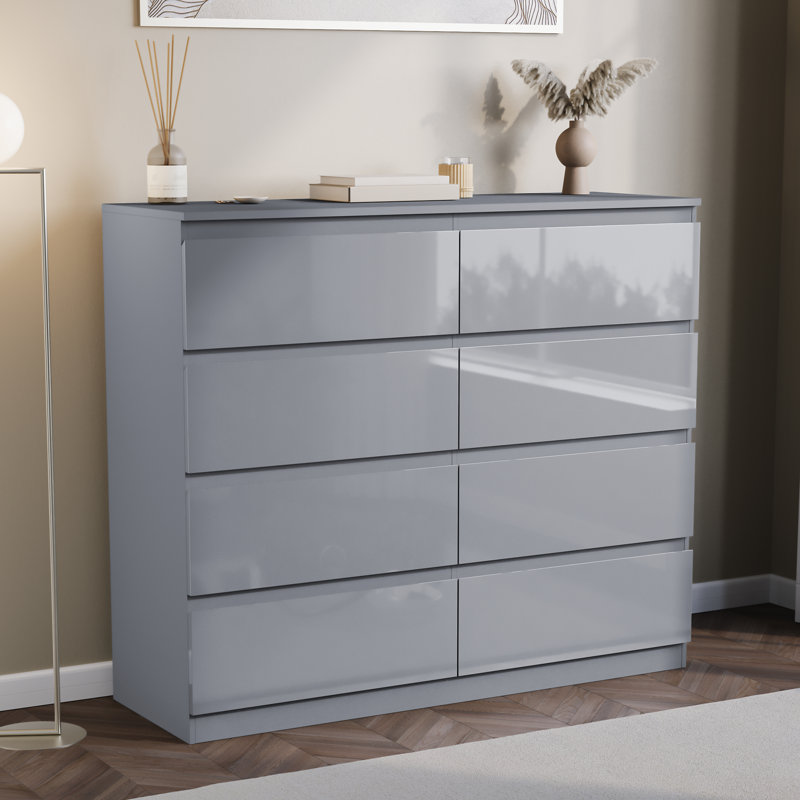 Oslo 8 Drawer High Gloss Chest, (FSC 100%) Bedroom Home Storage Furniture, Grey