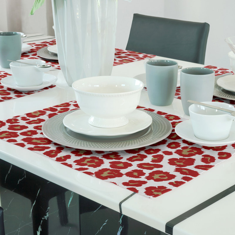 Animal Print Rectangle Placemat, White/Gold/Red, Cotton
