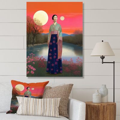 Femme japonaise traditionnelle sur fond de pleine lune, impression sur toile