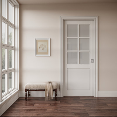 Porte coulissante intérieure coulissante à 6 carreaux en verre dépoli, MDF CARB P2 et verre trempé SGCC, avec cadre renforcé, serrure argentée et quincaillerie de sécurité, préfinie et imperméable, pour garde-manger, chambre, salle de bain et placard, teinture facile à appliquer soi-même, 61 x 203 cm