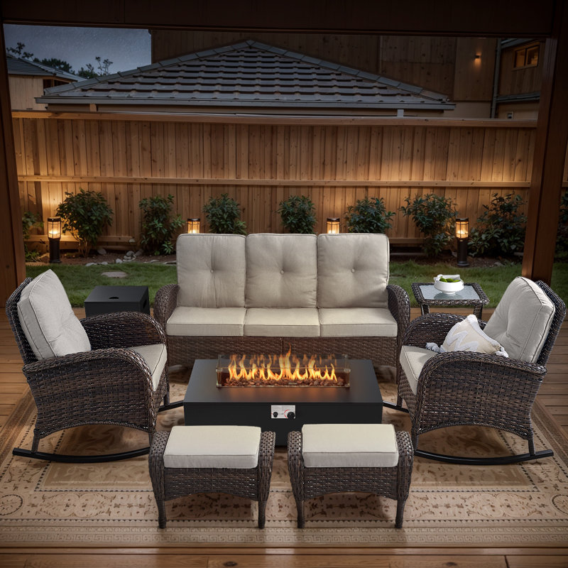Esquer 7-Piece Outdoor Wicker Nighttime Conversation Set With Rocking Chairs, Ottomans And Fire Pit Table, Beige, Brown
