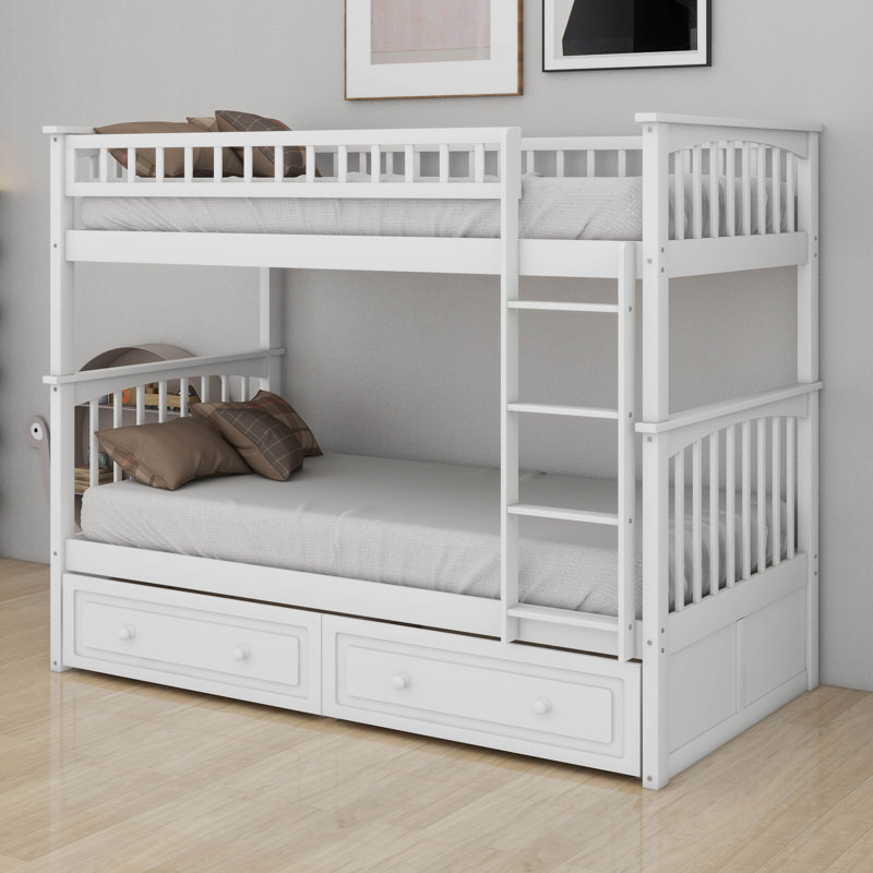 Convertible Wood Bunk Bed With Storage Drawers And Ladder, Twin Over Twin, White