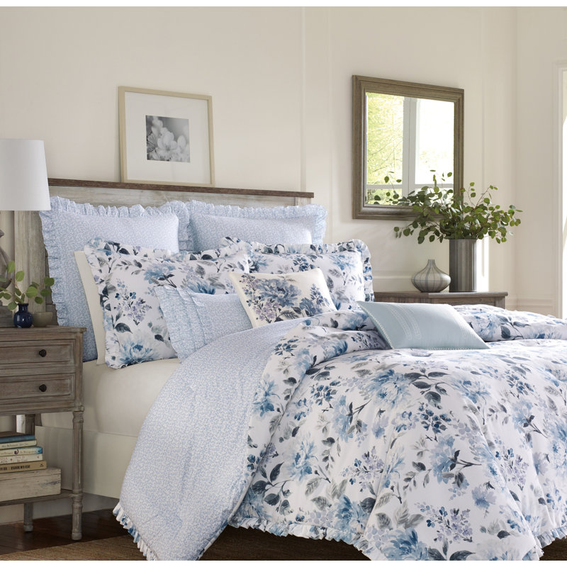 Laura Ashley Chloe Blue/White Mini Floral 100% Cotton European Sham Cover 26-inch with Ruffled Edge