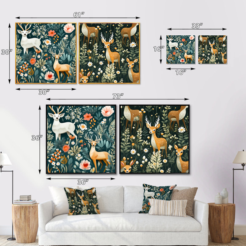 Deer Wild Elegance - Ensemble de 2 animaux animaux, Cadre flottant doré, H 36 po x l 73 po