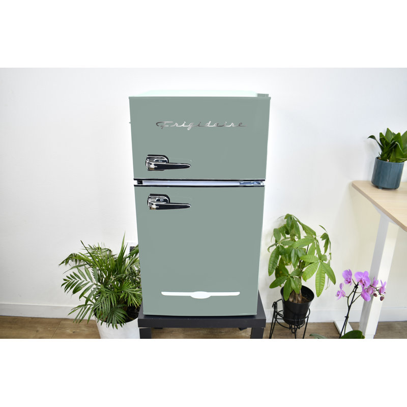 FRIGIDAIRE Retro 2-Door Compact Fridge Freezer Combo, 3.1 Cu. Ft., Stainless Steel, Built-in Bottle Opener, Mint
