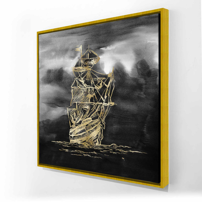 Voile sur toile, petit bateau doré | Art encadré bateau noir
