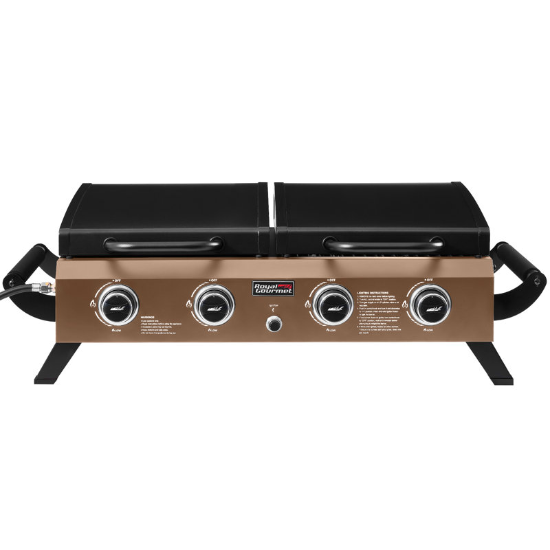 Royal Gourmet 4-Burner Portable Tabletop Grill & Griddle Combo with Hood, Bronze Gold