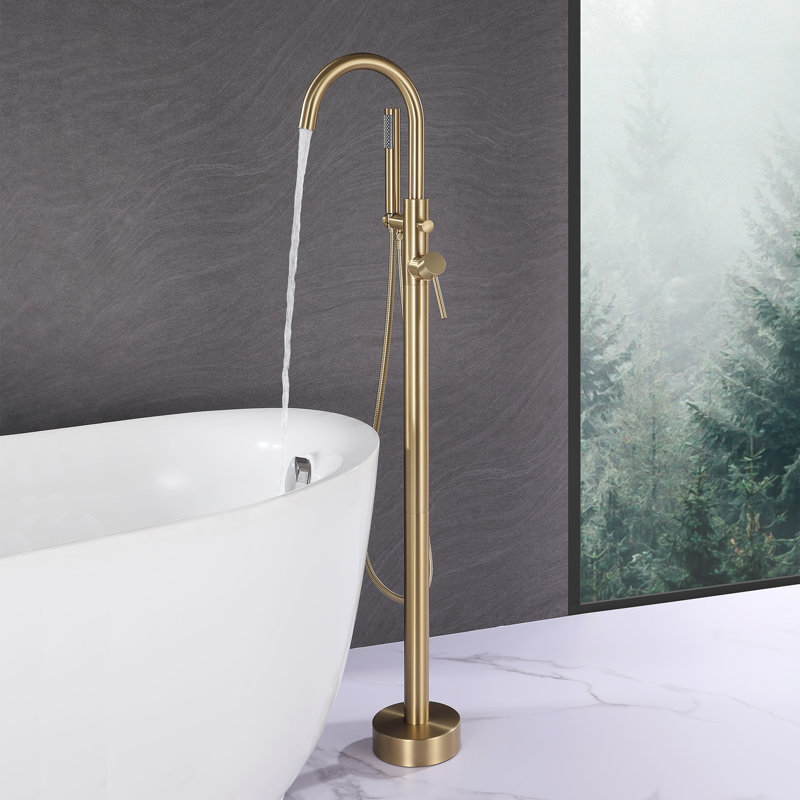 Robinet de baignoire autoportant 48,43 po à poignée simple moderne en acier inoxydable avec douche à main, Or brossé