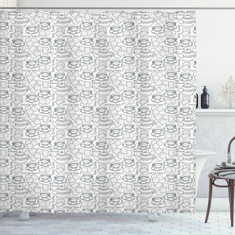 East Urban Home Tea Party Shower Curtain Tableware Pattern Grey White, 70" H x 69" W