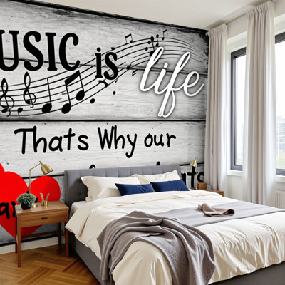 Papier peint adhésif musical à thème musical Notes de musique en forme de cœur Lignes murales tourbillonnantes à texture de bois H 69 po x l 96 po Papier mural amovible en PVC auto-adhésif pour le salon de la chambre Bureau à domicile