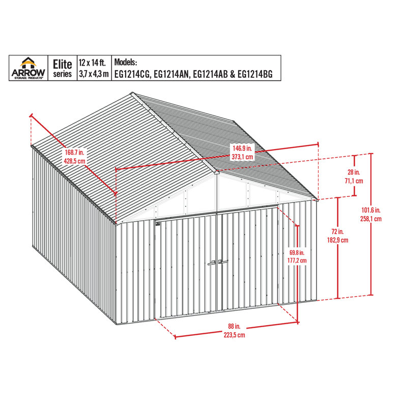 Arrow Elite 12 ft. W x 14 ft. D Galvanized Steel Storage Shed, Cool Gray