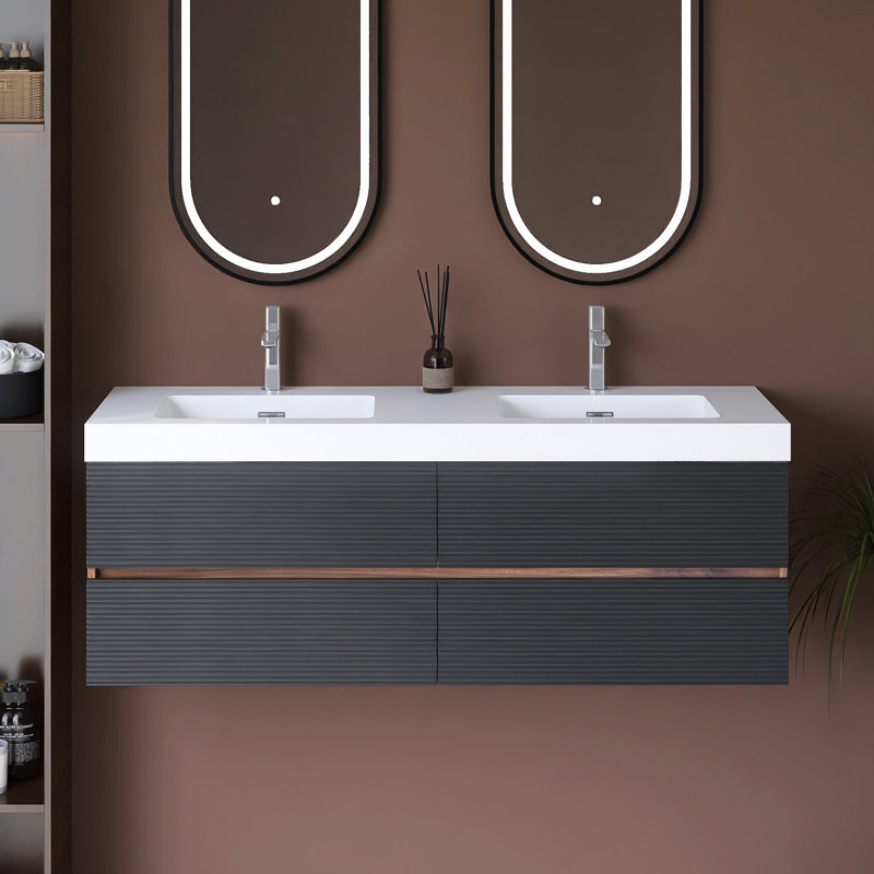 60" Wall-Mounted  Bathroom Vanity With Integrated Solid Surface Basin, 60"