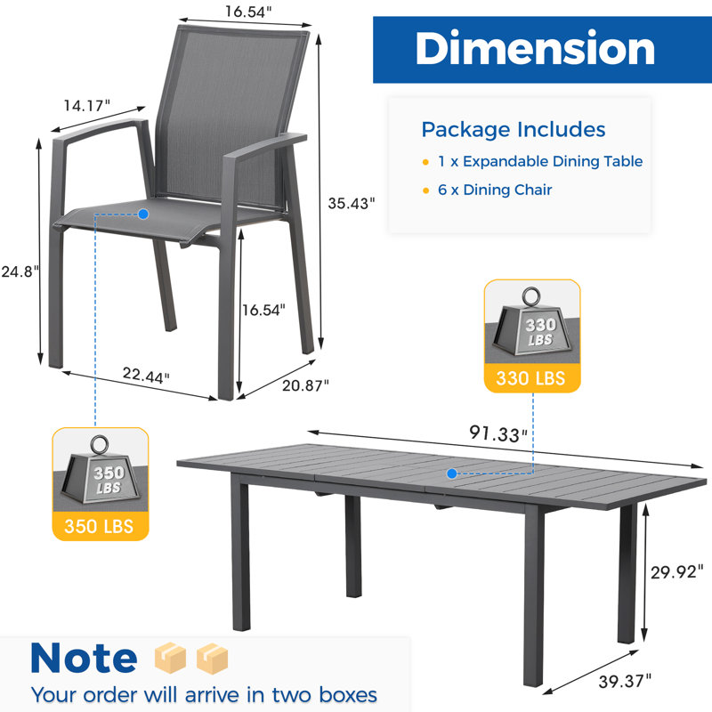 Calliana Patio Dining Set with Extendable Dining Table and Fully Assembled Stackable Chairs, Gray, 6