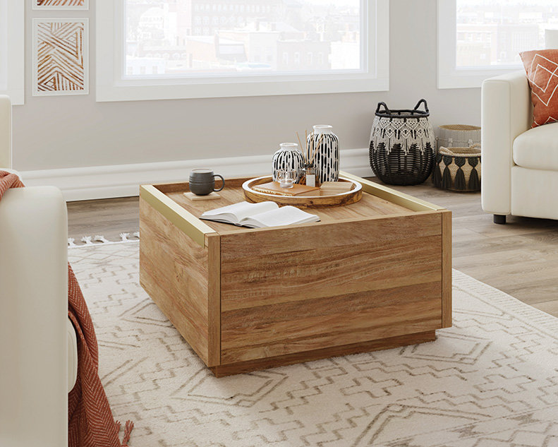 Modern Square Coffee Table with Storage, Tan