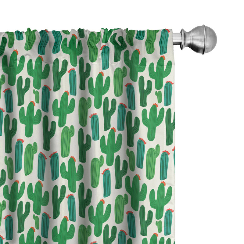 Cactus Motif Green and Red Polyester Rod Pocket Curtain Panels