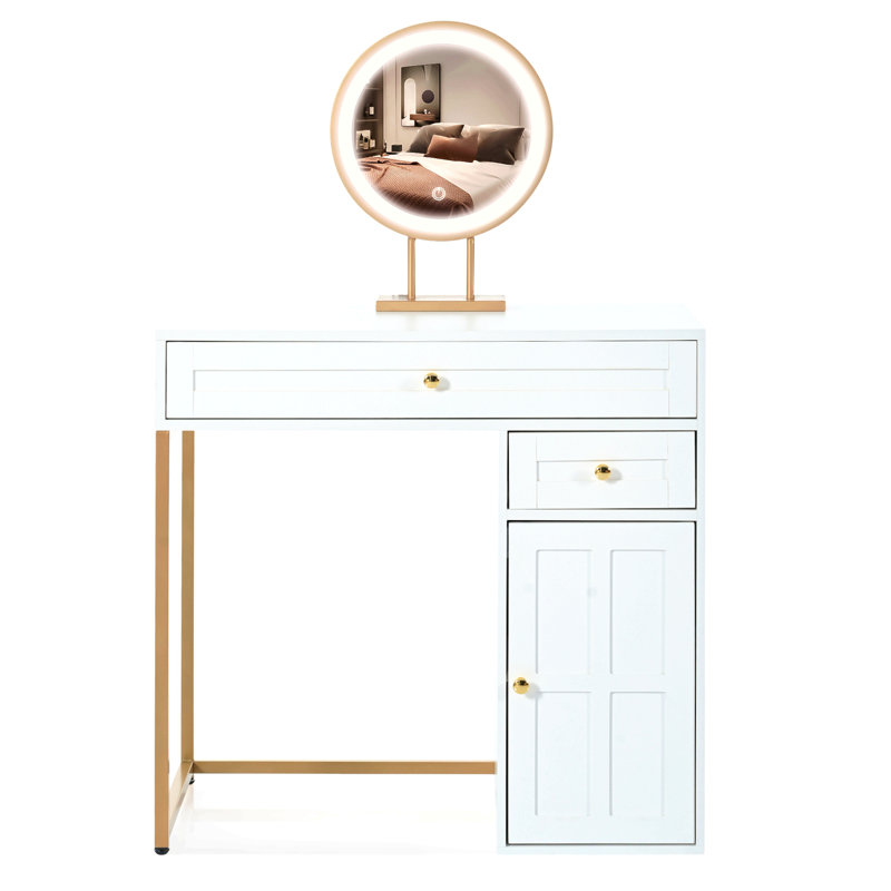 Meuble-lavabo 31,5 po avec miroir éclairé, coiffeuse de luxe avec 2 tiroirs et 1 armoire, 3 modes d'éclairage disponibles pour la chambre à coucher, or blanc