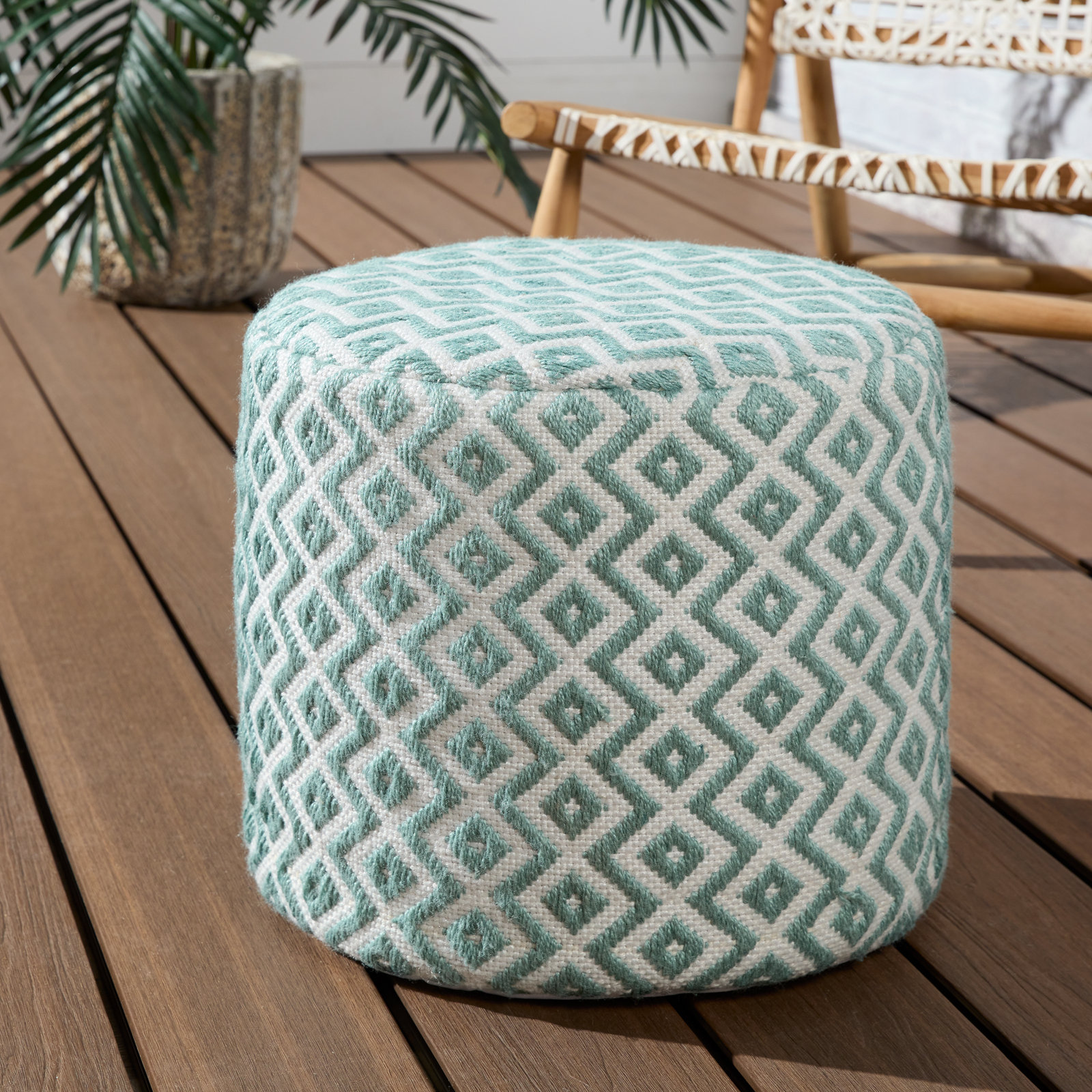 Destina Round Upholstered Outdoor Ottoman, Teal/Ivory Polyester