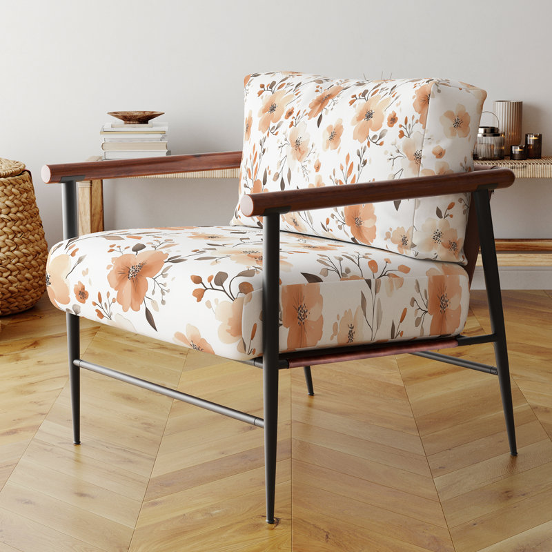 Chaise rembourrée Floral - Fauteuil orange Rust Cottage, Bras ronds bruns