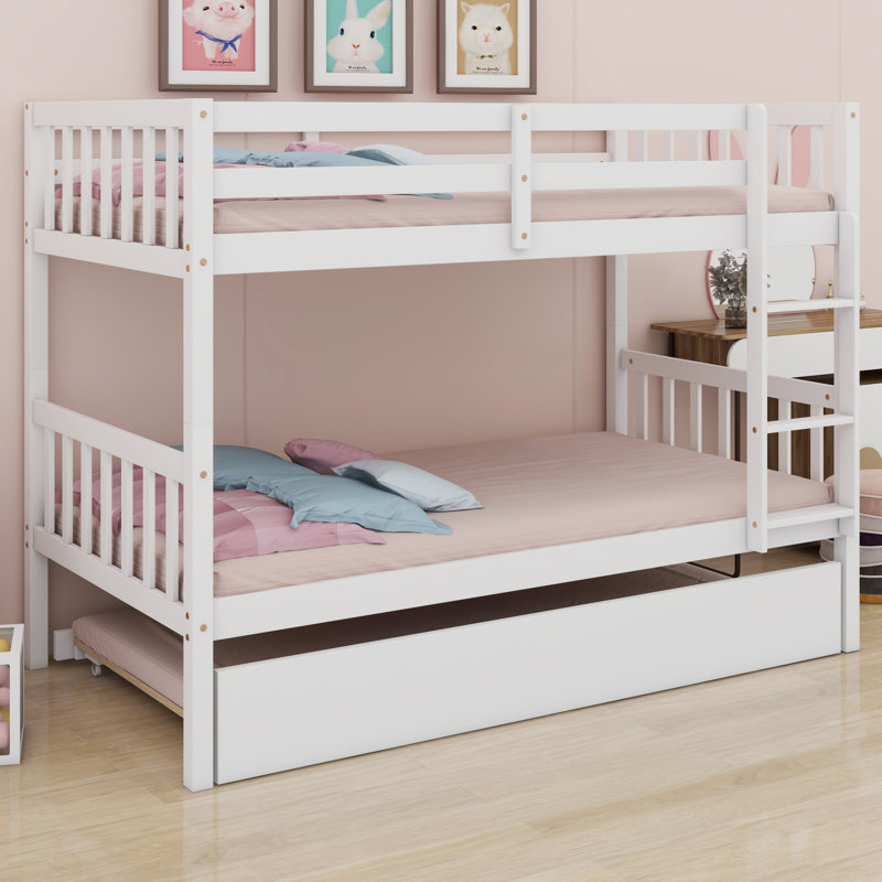 Detachable Wood Bunk Bed With Trundle, Converts To Two Beds, Space-Saving Design, White