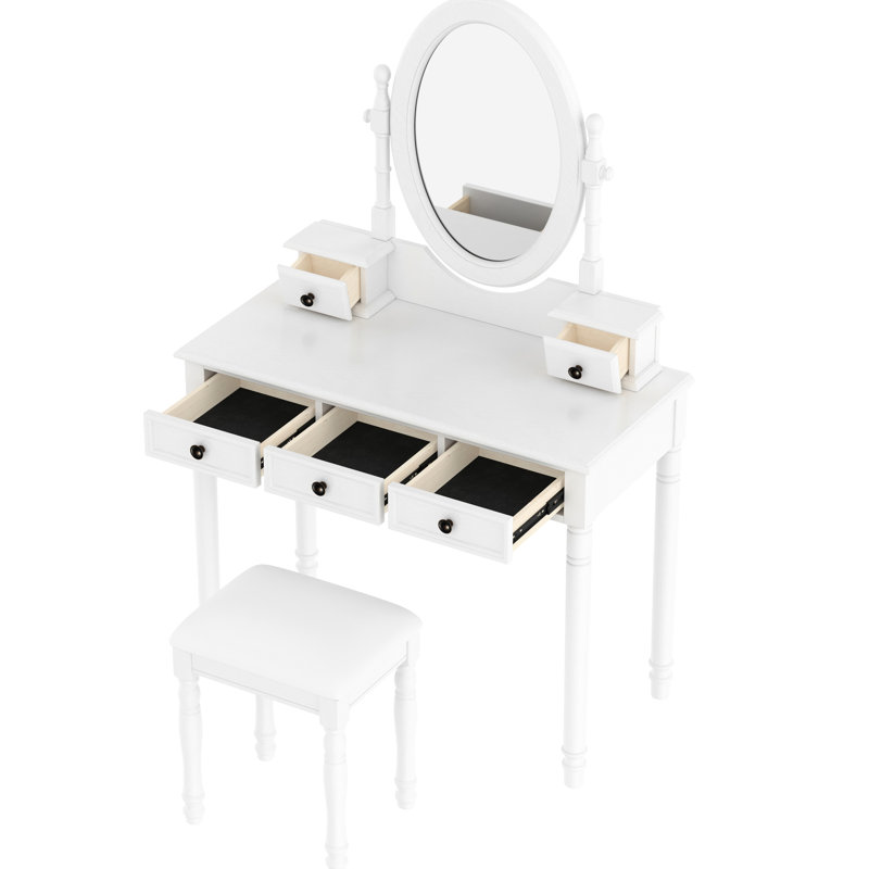 Coiffeuse blanche avec miroir réglable, 5 tiroirs de rangement et tabouret confortable, miroir d'angle de table de maquillage en bois de style rétro, coiffeuse de chambre à coucher, matériau en bois d'hévéa