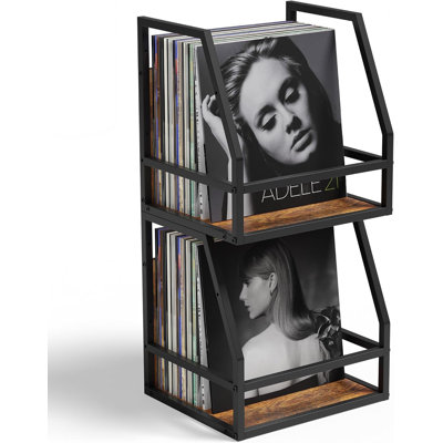 Boîte de rangement 2 en 1 pour disques vinyles, ensemble de 2 supports en bois pour LP, fixation murale ou de bureau, organisateur d'albums en métal, peut contenir plus de 80 disques, brun