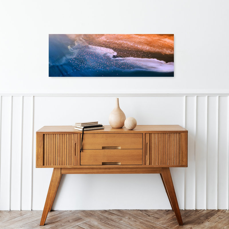 Pink Flamingos Desert Lake Abstract Colorful Modern Bird Flamingo Landscape Nature Wall Art, 30.48 cm H x 91.44 cm W