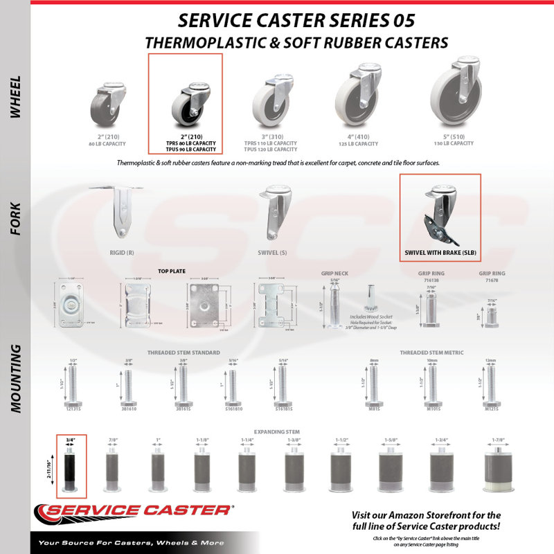 4 Piece Caster Set with Expanding Stem and Brake