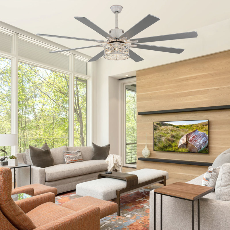 72 Inch Industrial Caged Ceiling Fan with Remote, Silent DC Motor Ceiling Fan with Light for Dining Room, Distressed White
