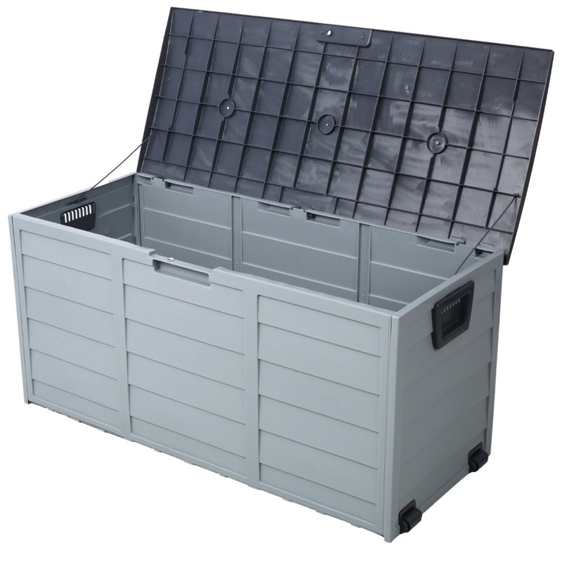 75 Gallon Resin Pool Deck Box with Wheels - All Weather UV Resistant Lockable Storage Shed Bin for Patio Furniture, Cushions, Garden Tools & Pool Toys