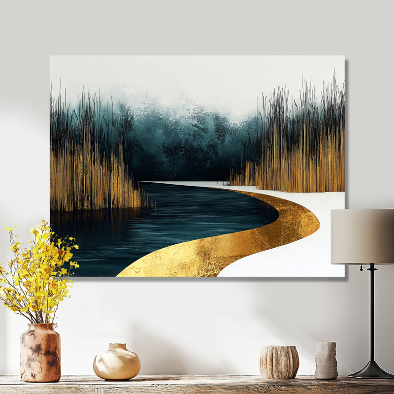 «Quiet Bold River In Emerald Gold Harmony III», reproduction d'art traditionnelle en métal, art mural rivière en métal