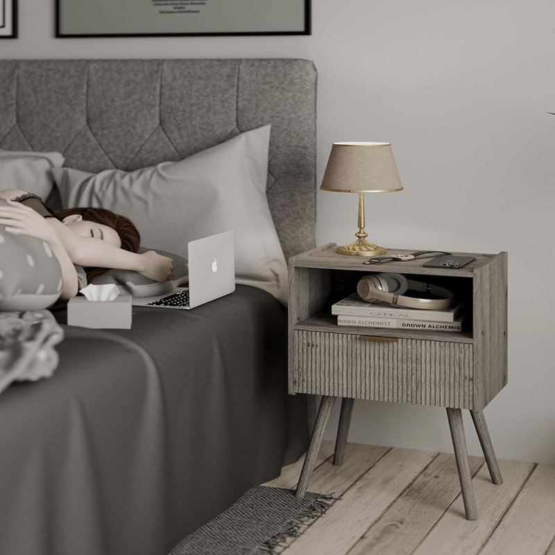 Table de chevet moderne avec tiroir de rangement et tablette ouverte en bois - Table de chevet d'appoint avec pieds en bois massif, chêne gris