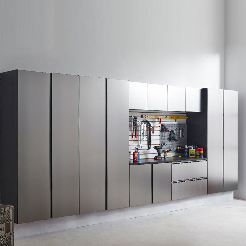 Armoire de garage murale - série en gris métallique. Fermeture silencieuse, espace de rangement riche, eau et chaleur, tableau gradué Stain Scratch E0, 2 fois plus épais, particularité élégante, série Made Grey. Doux