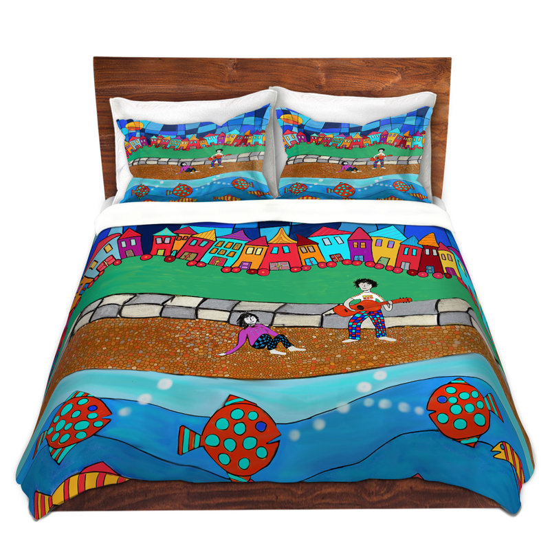 Ensemble de housse de couette de plage assis par the beach, 1 housse de couette grand + 2 taies standards