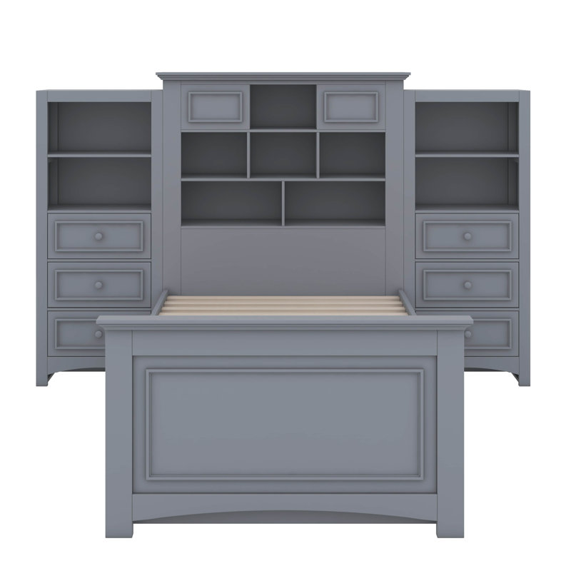 Cattrall Twin Size Wood Platformbed with Vertical All-in-One Cabinet and 4 Drawers, Gray