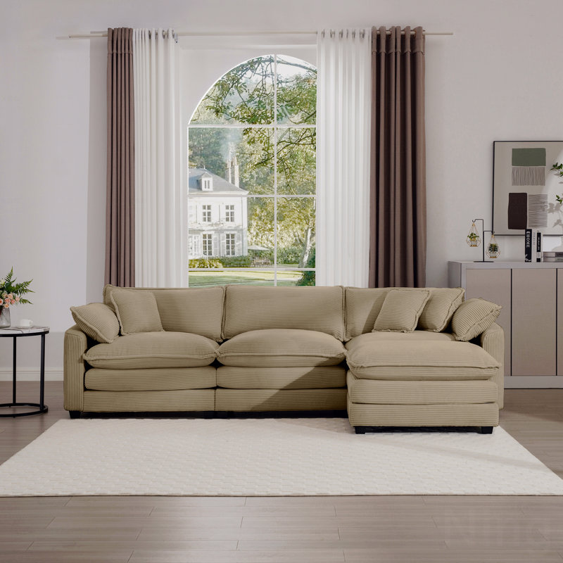 Corduroy 3-Seater Sofa With 1 Footrest, L-Shaped Double Sofa With Ottoman, 33.85" H x 114.56" W x 57.08" D, 3