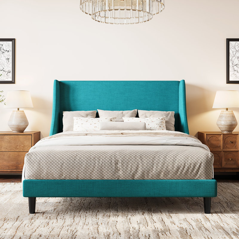 Bowdoin Modern Linen Upholstered Wingback Platform Bed with Wooden Slats, Turquoise, Queen