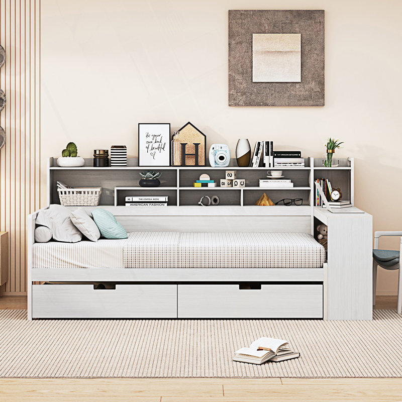 Lit de jour simple de style moderne avec tablettes de rangement, lit multifonctionnel avec deux tiroirs de rangement