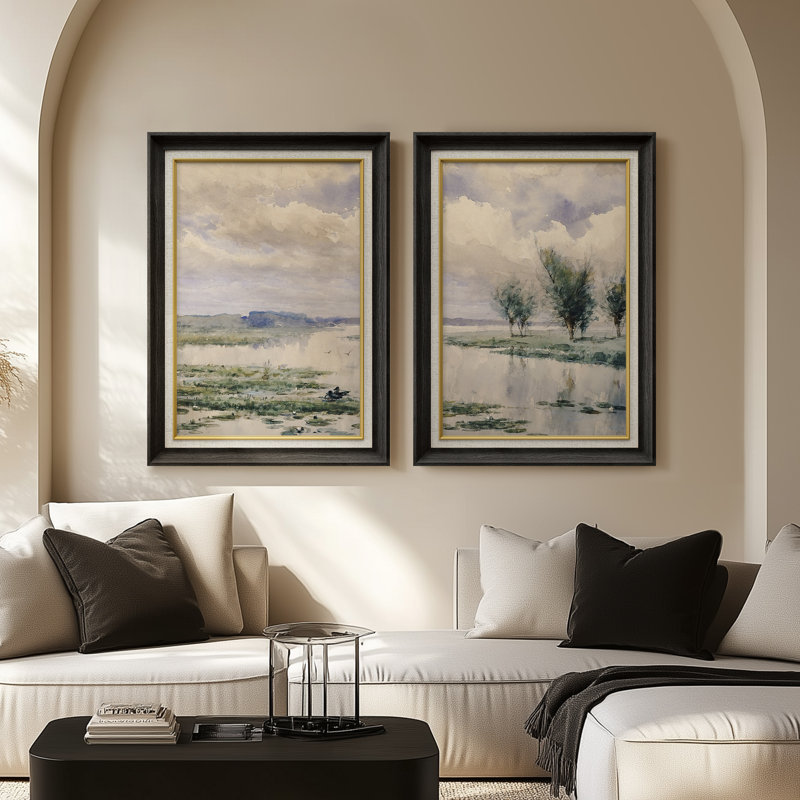 «Calm River Marsh Landscape pair», ensemble de 2 reproductions d'art mural encadrées de qualité supérieure sur papier 26 po x 36 po